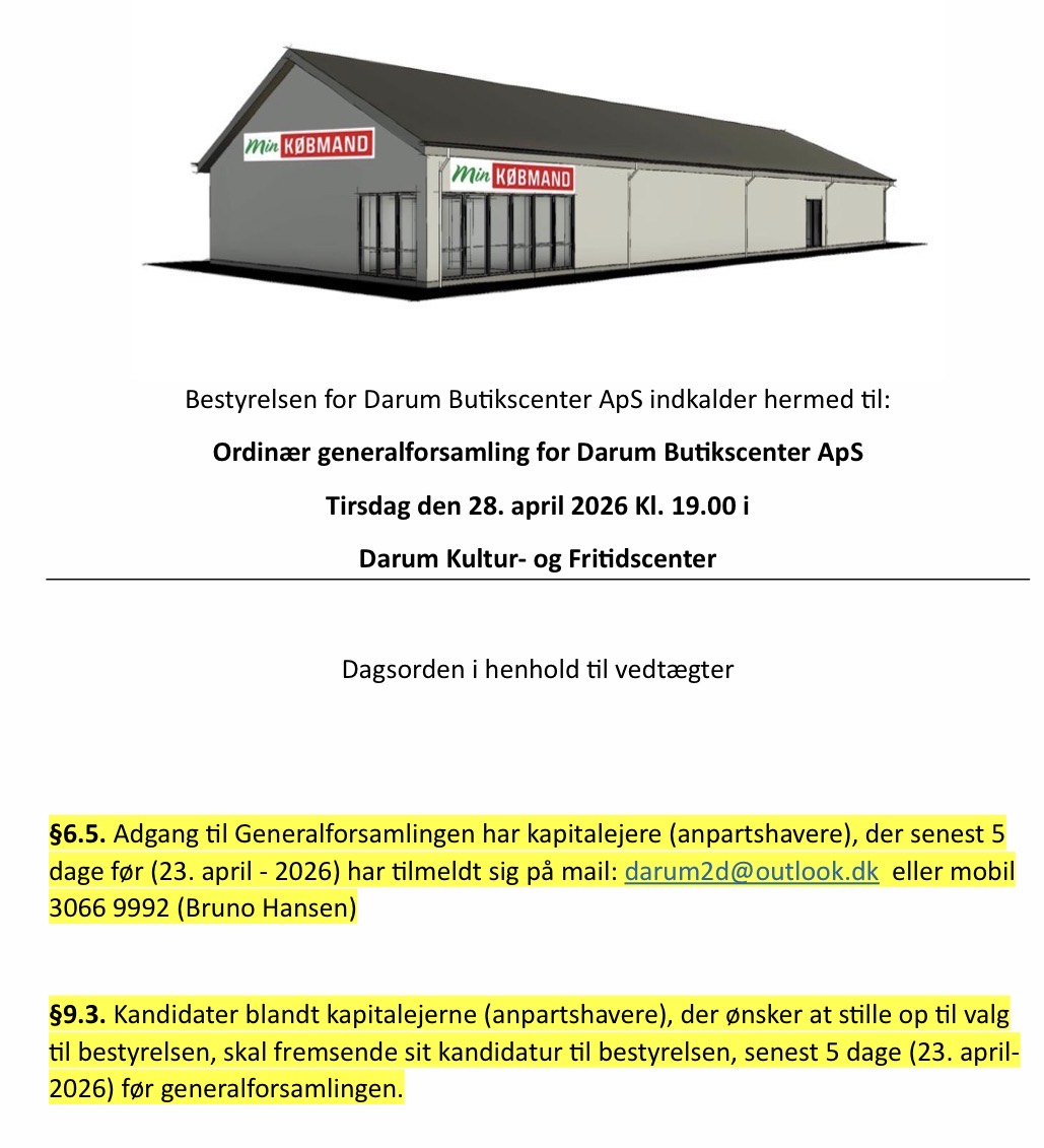 Ordinær generalforsamling for Darum Butikscenter ApS.